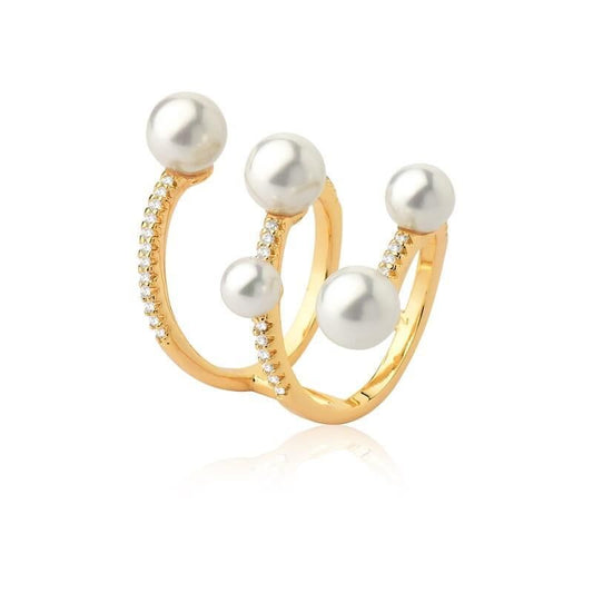 18kt Yellow Gold-Plated Pearl CZ Women's Ring