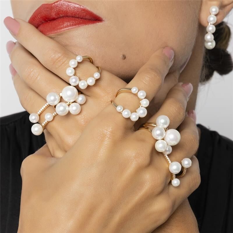 18kt Yellow Gold-Plated CZ Pearl Women's Ring