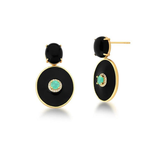 18kt Yellow Gold-Plated Paraiba Tourmaline CZ Black Onyx Dangle Earrings