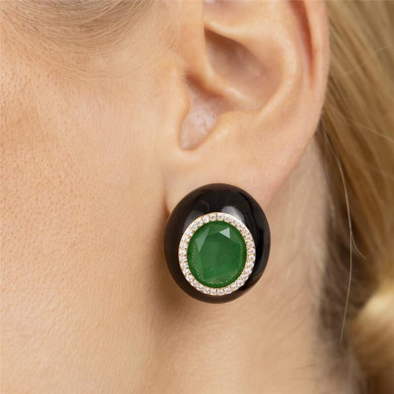 18kt Yellow Gold-Plated Green Emerald Onyx Women's Post Earrings