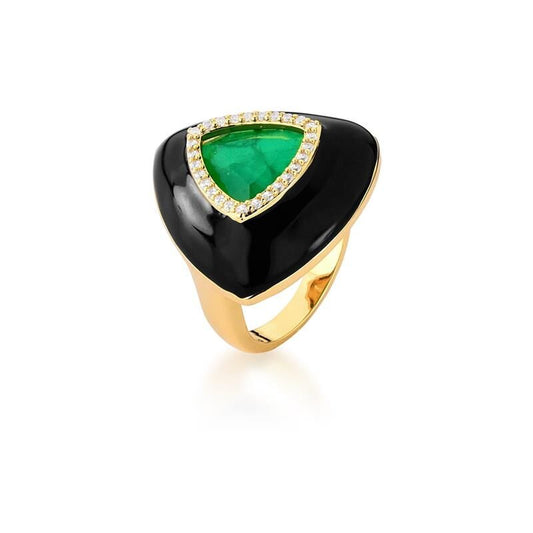 18kt Yellow Gold Green Emerald Onyx Triangular Women's Gemstone Ring Size 9 US