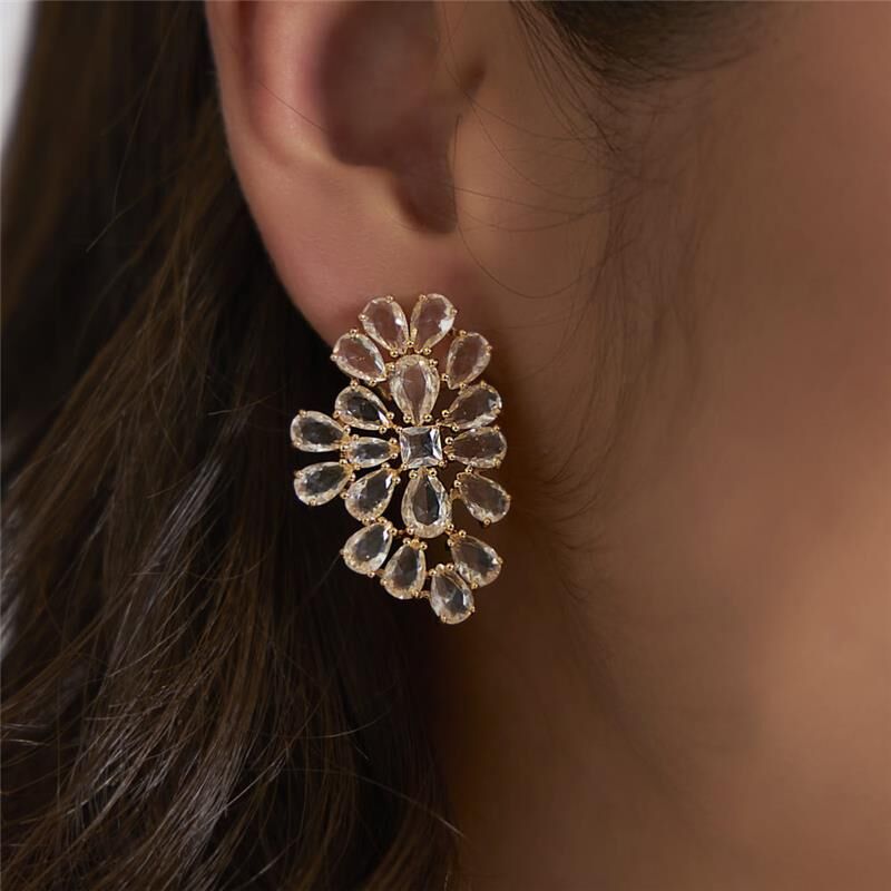 18kt Yellow Gold-Plated Clear Crystal Cluster Women's Post Earrings