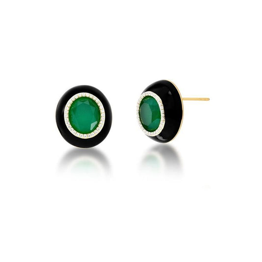 18kt Yellow Gold-Plated Green Emerald Onyx Women's Post Earrings