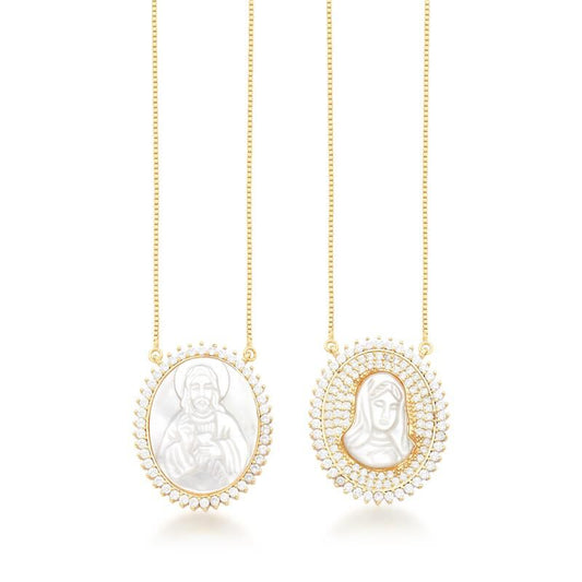 18kt Yellow Gold-Plated Zircon Mother of Pearl Religious Protection Scapular Necklace