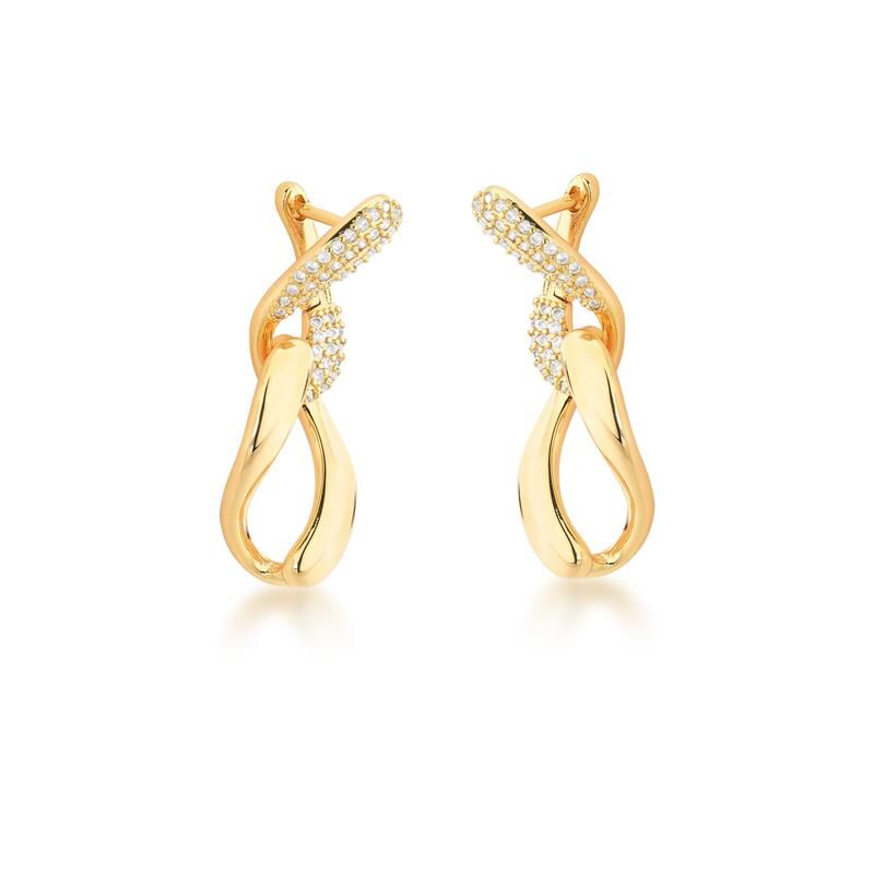 18kt Yellow Gold-Plated 2-in-1 CZ Twisted Link Women's Dangle Earrings