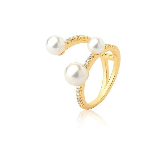 18kt Yellow Gold-Plated CZ Pearl Women's Ring