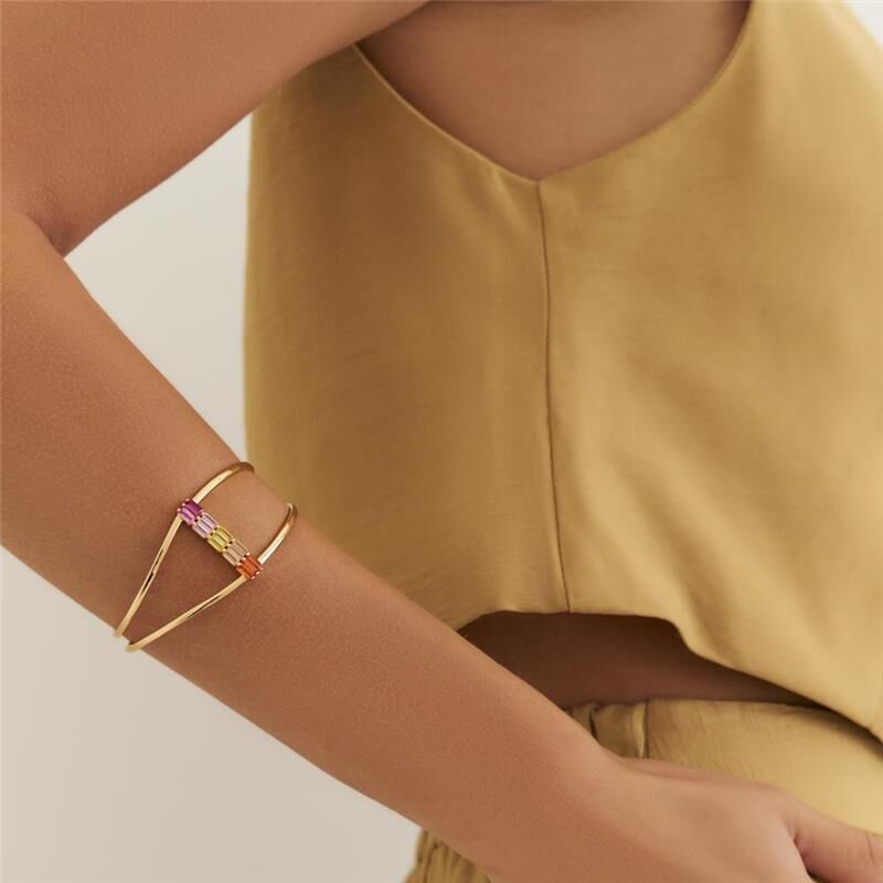 18 kt Yellow Gold Plated Multicolor CZ Earrings and Cuff Bracelet Jewelry Set