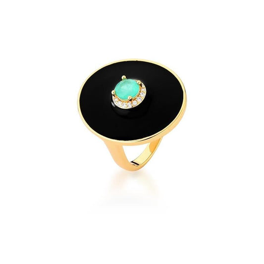 18kt Yellow Gold-Plated Paraiba Tourmaline Black Enamel Women's Ring