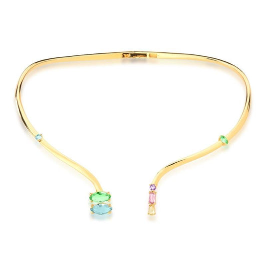 18kt Yellow Gold-Plated Multicolor Zircon Open Wire Chocker Necklace