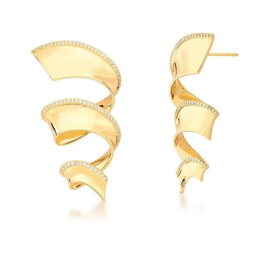 18kt Yellow Gold CZ Geometric Waves Statement Women's  Earrings