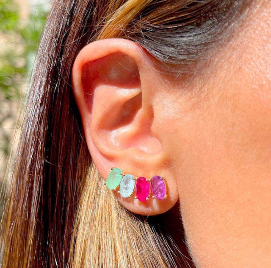 Multicolor Paraiba Tourmaline Amethyst Emerald Ear Cuff Gold Earrings | Gemstone Gold Ear Cuff | Gold Ear Climber | Colorful Gold Earrings