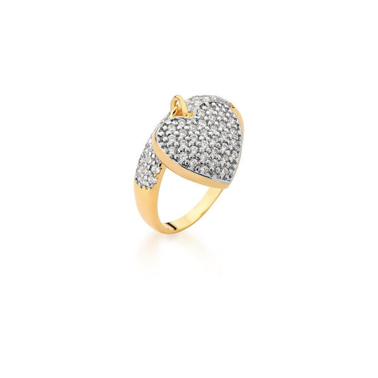 Gorgeous CZ Heart Charm Gold Ring | Zircon Pave Setting Heart Ring | Simulated Diamond Dangling Heart 18 kt Gold Plated Ring