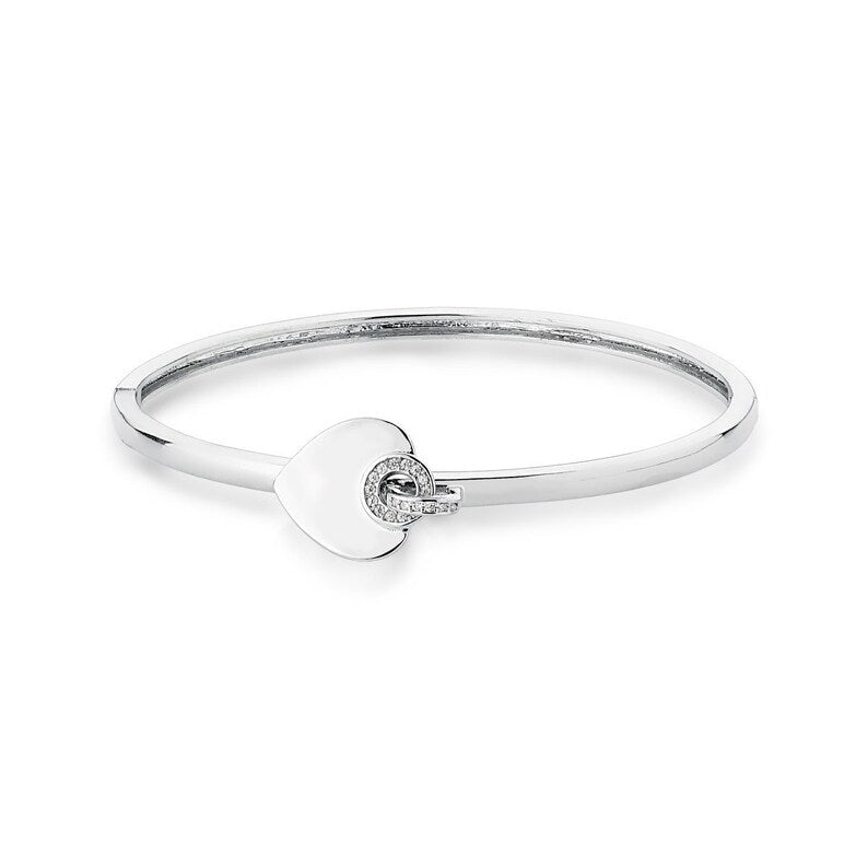Engravable CZ Heart Silver Bangle | White Rhodium Plated Engravable Heart Bangle Bracelet | Silver Heart Ring & Bracelet Jewelry Set
