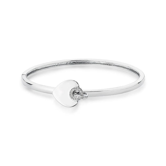 Engravable CZ Heart Silver Bangle | White Rhodium Plated Engravable Heart Bangle Bracelet | Silver Heart Ring & Bracelet Jewelry Set