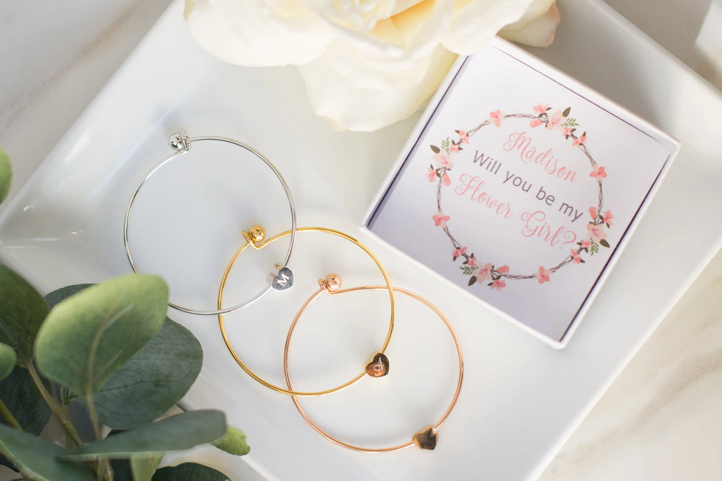 Flower Girl Jewelry Proposal Gift Engraved Monogram Initial Heart Charm Bangle Bracelet for Little Girls Jewelry with Meaningful Messages