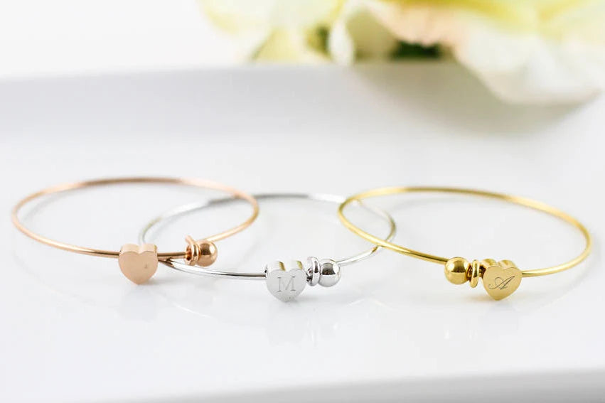 Flower Girl Jewelry Proposal Gift Engraved Monogram Initial Heart Charm Bangle Bracelet for Little Girls Jewelry with Meaningful Messages
