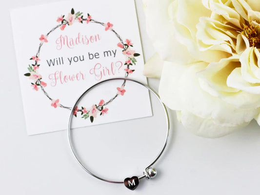 Flower Girl Jewelry Proposal Gift Engraved Monogram Initial Heart Charm Bangle Bracelet for Little Girls Jewelry with Meaningful Messages