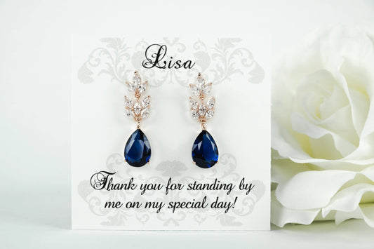 Rose Gold Sapphire Earrings,Bridesmaid Earrings,Bridesmaid Proposal,Rose Gold Wedding,Bridal Earrings,Navy Blue Wedding,Blush & Blue Wedding