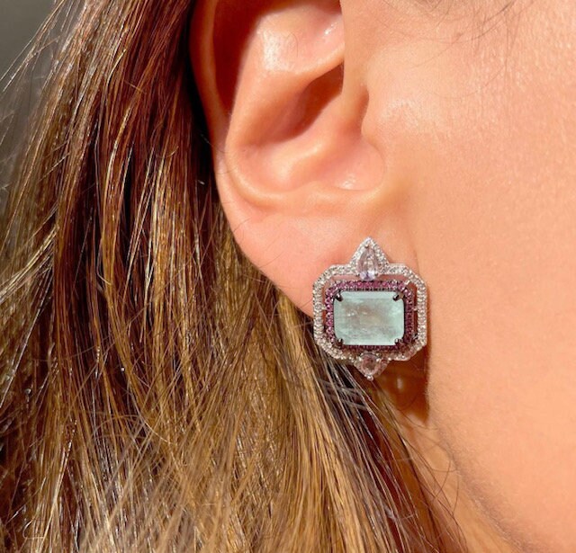 Aqua Blue Paraiba Tourmaline Lavender Zircon Crystal Geometric Necklace, Gemstone Statement Necklace, Paraiba Tourmaline Pendant