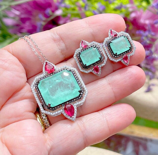 Aqua Blue Paraiba Tourmaline Lavender Zircon Crystal Geometric Necklace, Gemstone Statement Necklace, Paraiba Tourmaline Pendant