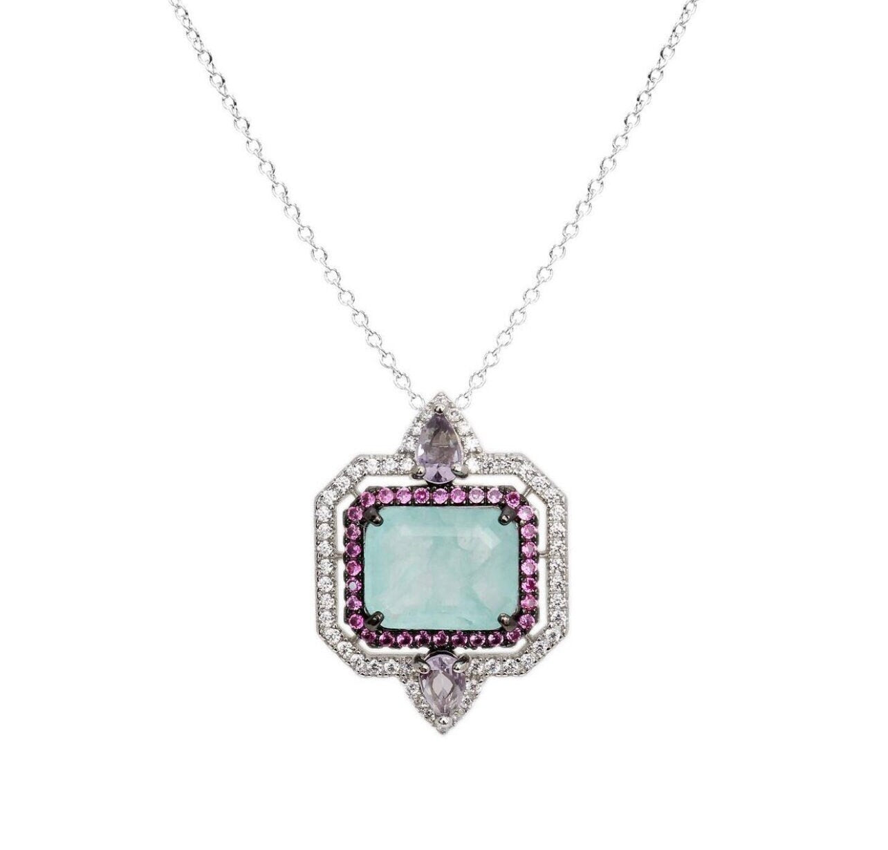 Aqua Blue Paraiba Tourmaline Lavender Zircon Crystal Geometric Necklace, Gemstone Statement Necklace, Paraiba Tourmaline Pendant