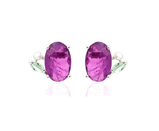 Oval Purple Amethyst Pearl Green Zircon Leaf Earrings & Necklace Jewelry Set | Amethyst Jewelry | Gemstone Amethyst Silver Jewelry Set