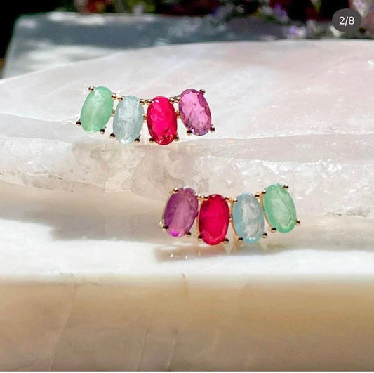 Multicolor Paraiba Tourmaline Amethyst Emerald Ear Cuff Gold Earrings | Gemstone Gold Ear Cuff | Gold Ear Climber | Colorful Gold Earrings