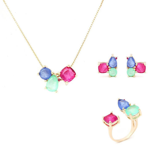 Colombian Emerald Tanzanite Pink Tourmaline Gold Necklace Earrings & Ring Jewelry Set | Gemstome Jewelry | Minimalist Jewelry