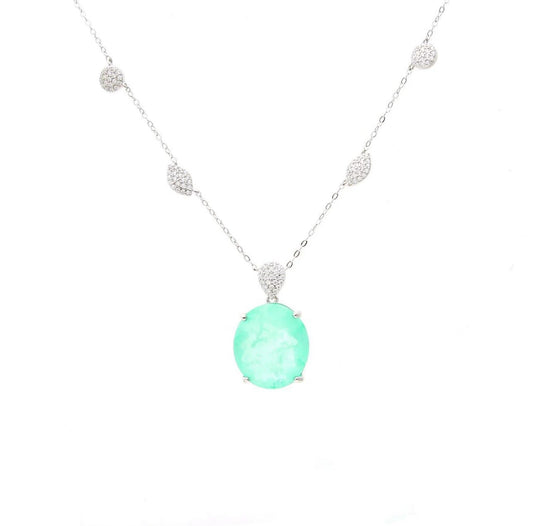 Oval Paraiba Tourmaline CZ Geometric Charms Silver Pendant Necklace | Aqua Blue Stone CZ Necklace | Beach Wedding Jewelry | Gift for Her