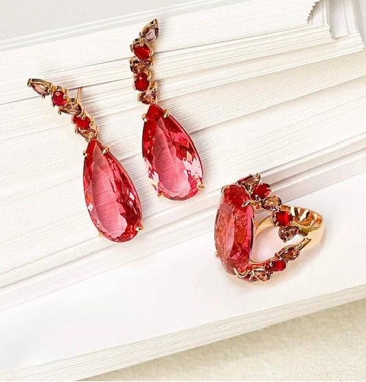 Unique Red Ruby & Pink Sapphire CZ Crystal Gold Earrings Ring Jewelry Set | Ruby CZ Jewelry Set | Ruby Teardrop Earrings | Gift for Her