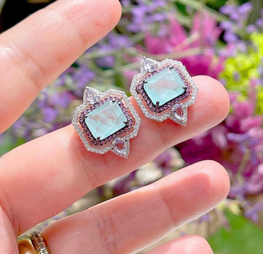 Aqua Blue Paraiba Tourmaline Lavender Zircon Crystal Geometric Necklace, Gemstone Statement Necklace, Paraiba Tourmaline Pendant
