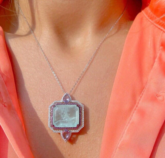 Aqua Blue Paraiba Tourmaline Lavender Zircon Crystal Geometric Necklace, Gemstone Statement Necklace, Paraiba Tourmaline Pendant