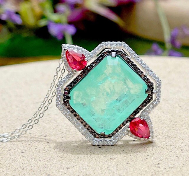 Aqua Blue Paraiba Tourmaline Lavender Zircon Crystal Geometric Necklace, Gemstone Statement Necklace, Paraiba Tourmaline Pendant