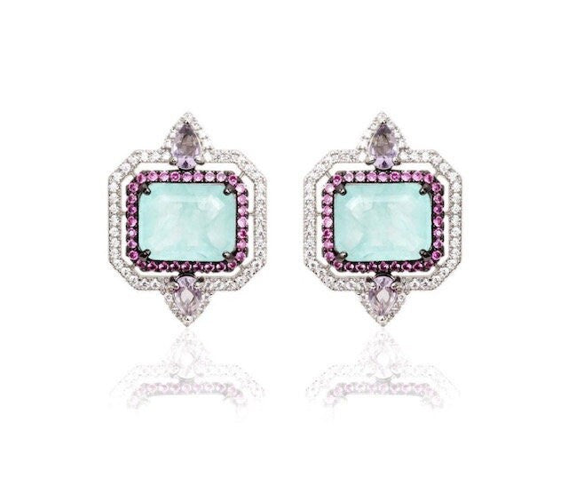 Aqua Blue Paraiba Tourmaline Lavender Zircon Crystal Geometric Necklace, Gemstone Statement Necklace, Paraiba Tourmaline Pendant