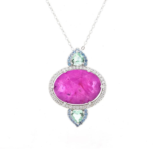 Neon Aqua Blue Oval Paraiba Tourmaline Pink Green CZ Crystal Pendant Necklace | Women's Statement Necklace | Gemstone Silver Necklace