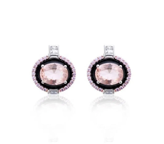 Oval Pink CZ Black Enamel Post Earrings | Exclusive Design Earrings | Gemstone Earrings | Women's Post Earrings | Blush Stone Earrings