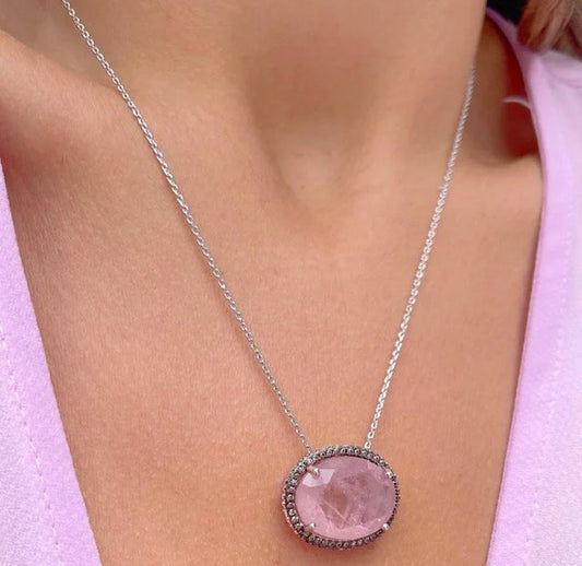 Oval Rose Quartz Champagne Diamond Simulated Silver Pendant Necklace | Rose Quartz Jewelry | Gifts for Her | Gemstone Necklace