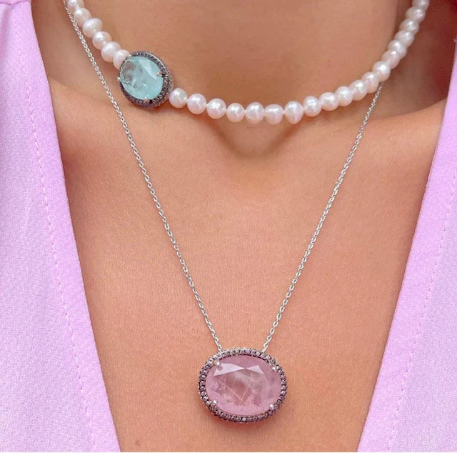 Oval Rose Quartz Champagne Diamond Simulated Silver Pendant Necklace | Rose Quartz Jewelry | Gifts for Her | Gemstone Necklace