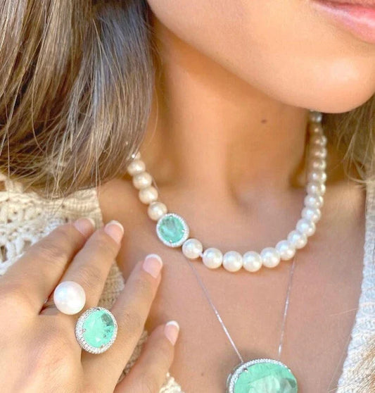 Oval Paraiba Tourmaline CZ Silver Pendant Pearl Beaded Necklace, Beach Wedding Pearl Jewelry, Aqua Blue Wedding Necklace, Statement Jewelry