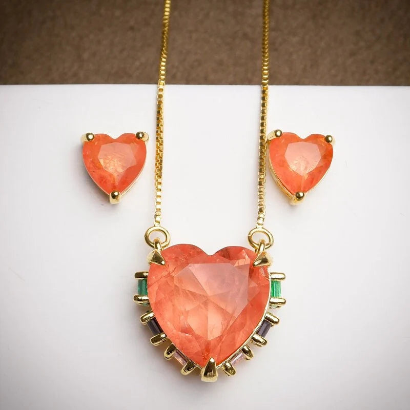 Orange Heart Pendant Necklace | Heart Earrings | Gemstone Heart Pendant | Girls' Jewelry Set | Gifts for her | Heart Jewelry | Gifts for Mom
