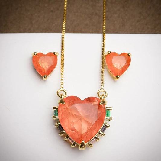 Orange Heart Pendant Necklace | Heart Earrings | Gemstone Heart Pendant | Girls' Jewelry Set | Gifts for her | Heart Jewelry | Gifts for Mom