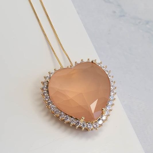 Large Heart Necklace | Blush Morganite Heart CZ Pendant Necklace | Statement Necklace | CZ Heart Jewelry | Gifts for Her | Gifts for Mom