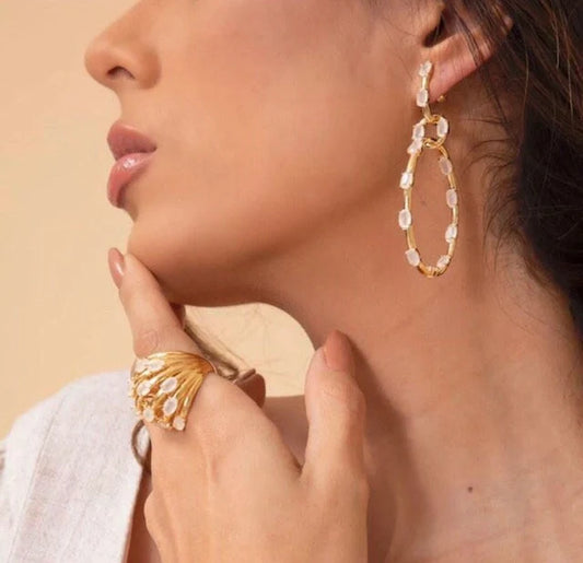 Matte White Quartz Gold Exquisite Earrings & Ring Jewelry Set | Unique Gold Jewelry | Gifts for Her | Statement Jewelry | Women's Jewelry