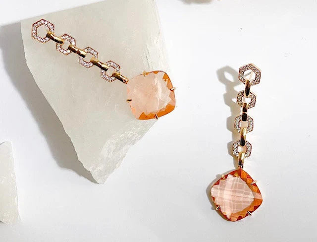 Square Orange Topaz Crystal Zircon Gold Dangle Earrings | Gemstone Long Earrings | Statement Jewelry | Unique Women's Jewelry